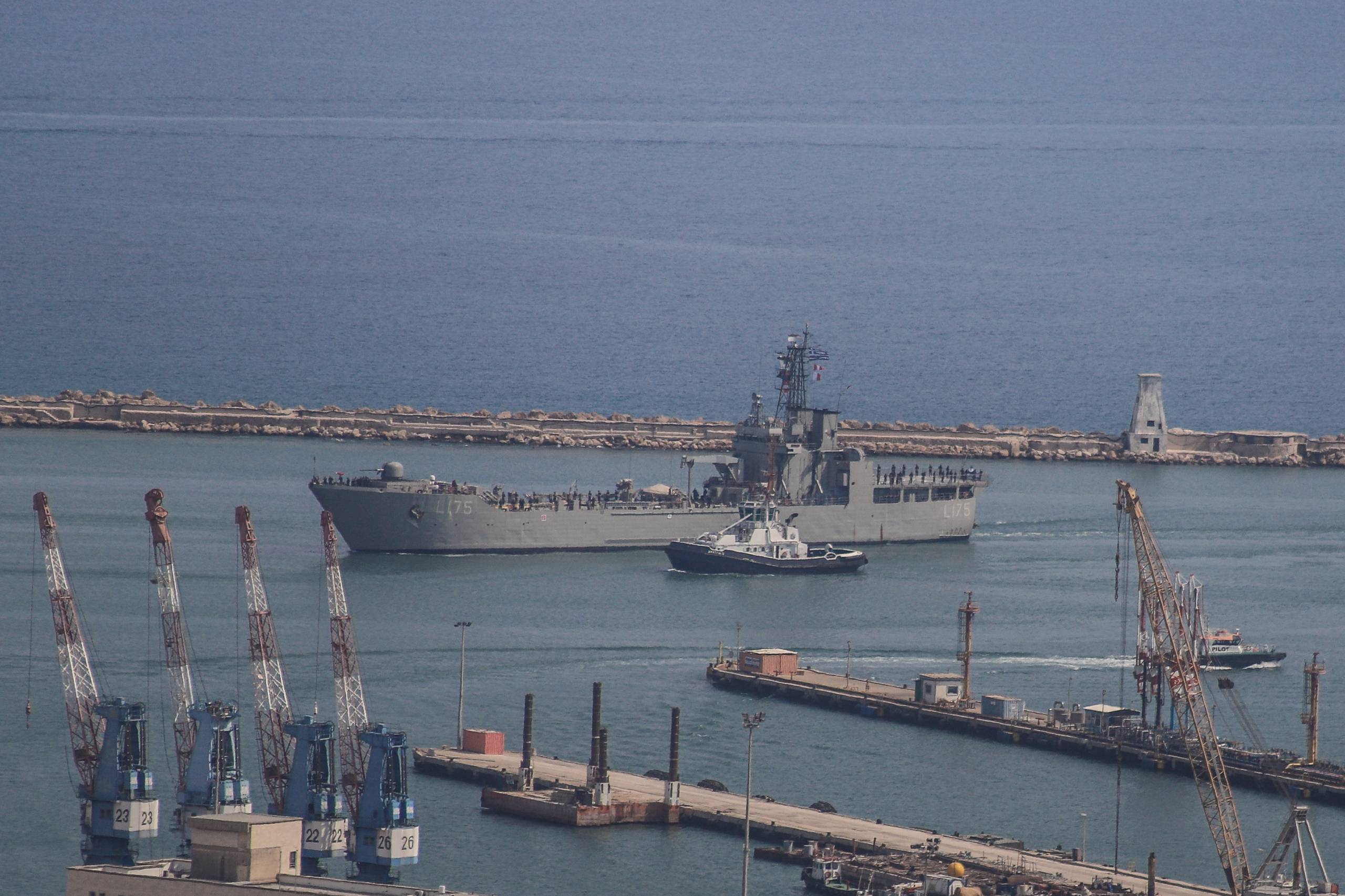 The Helenic Navy Jason-class tank landing ship L-175 embarks in Haifa Port